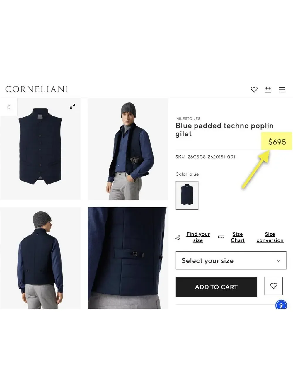 $695 NWOT Corneliani Mens Blue Padded Techno Poplin Gilet Vest Size 48 XXL Lined